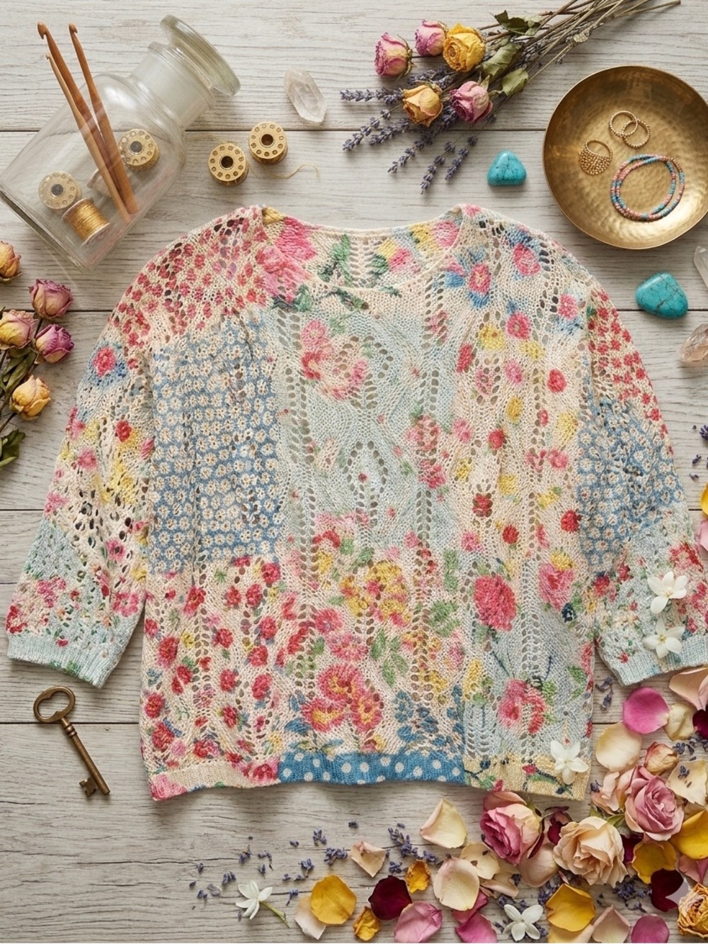Off the Shoulder Floral Batwing Crochet Sweater | Women’s Sz Small | Spring Top